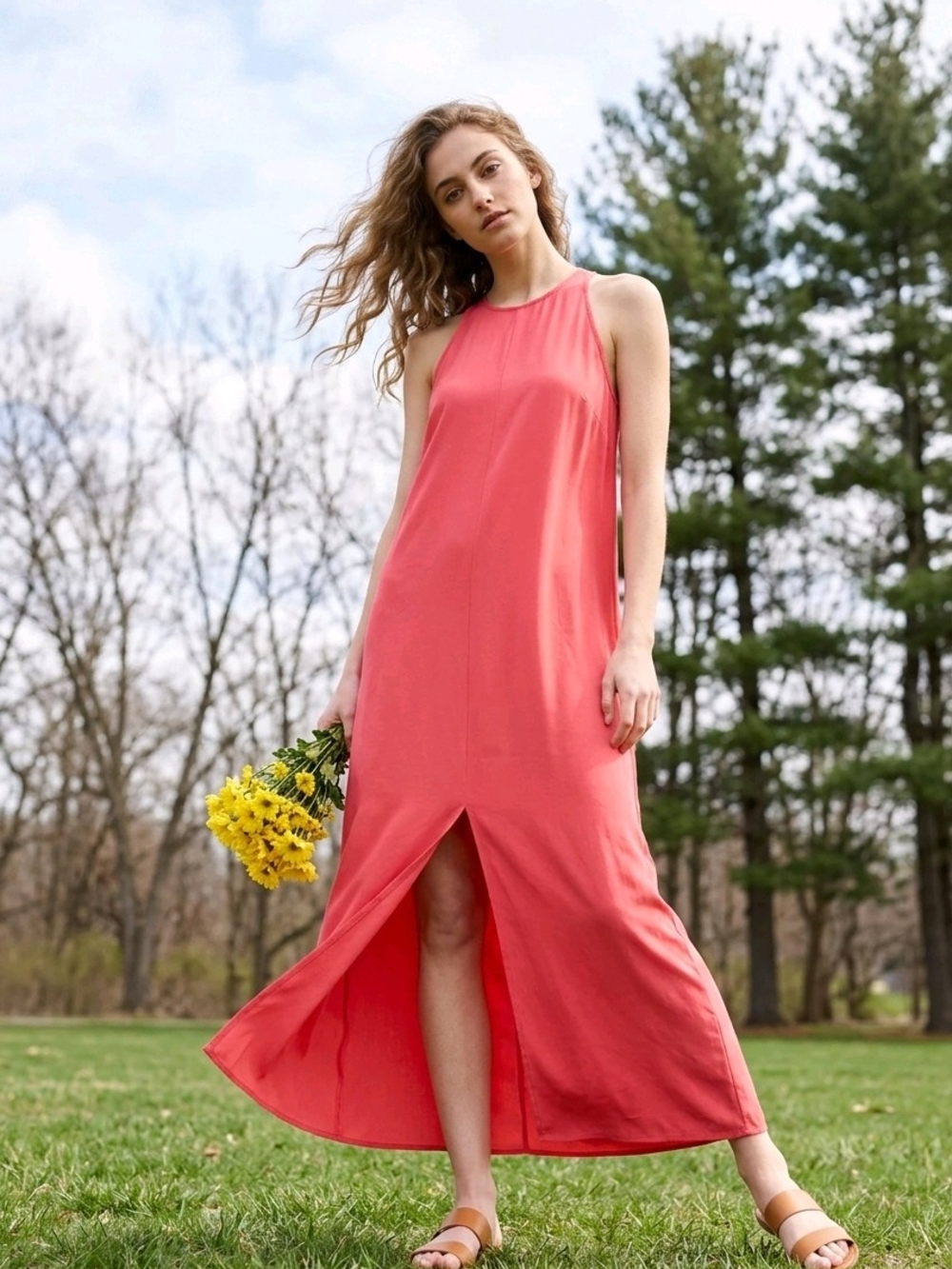 Eileen Fisher Coral Halter Maxi Dress with Front Slit